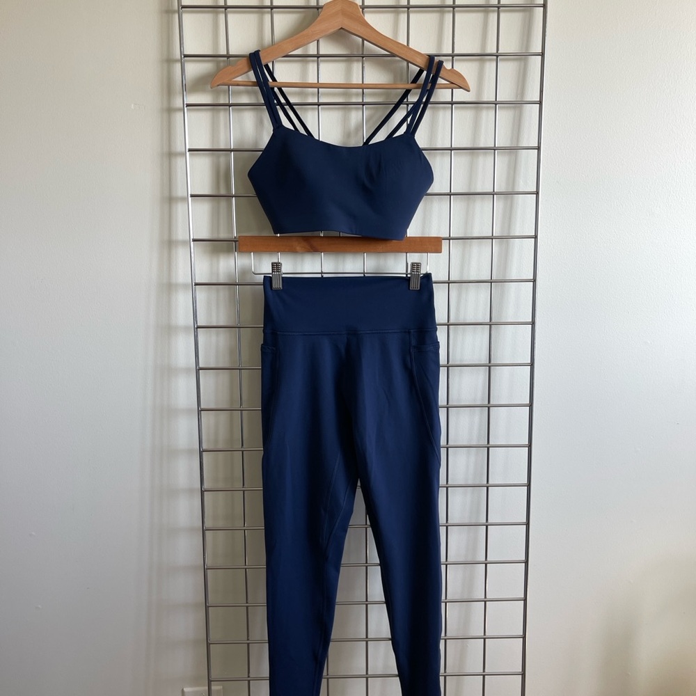 LSKD Women’s Navy Blue High-Waist Leggings and Strappy Sports Bra Set